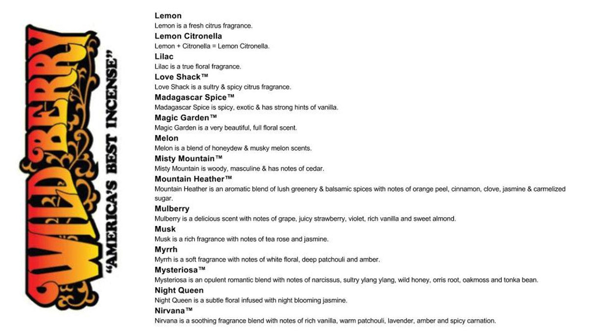 Wild Berry Incense Cones product list, showcasing various fragrances for home decor