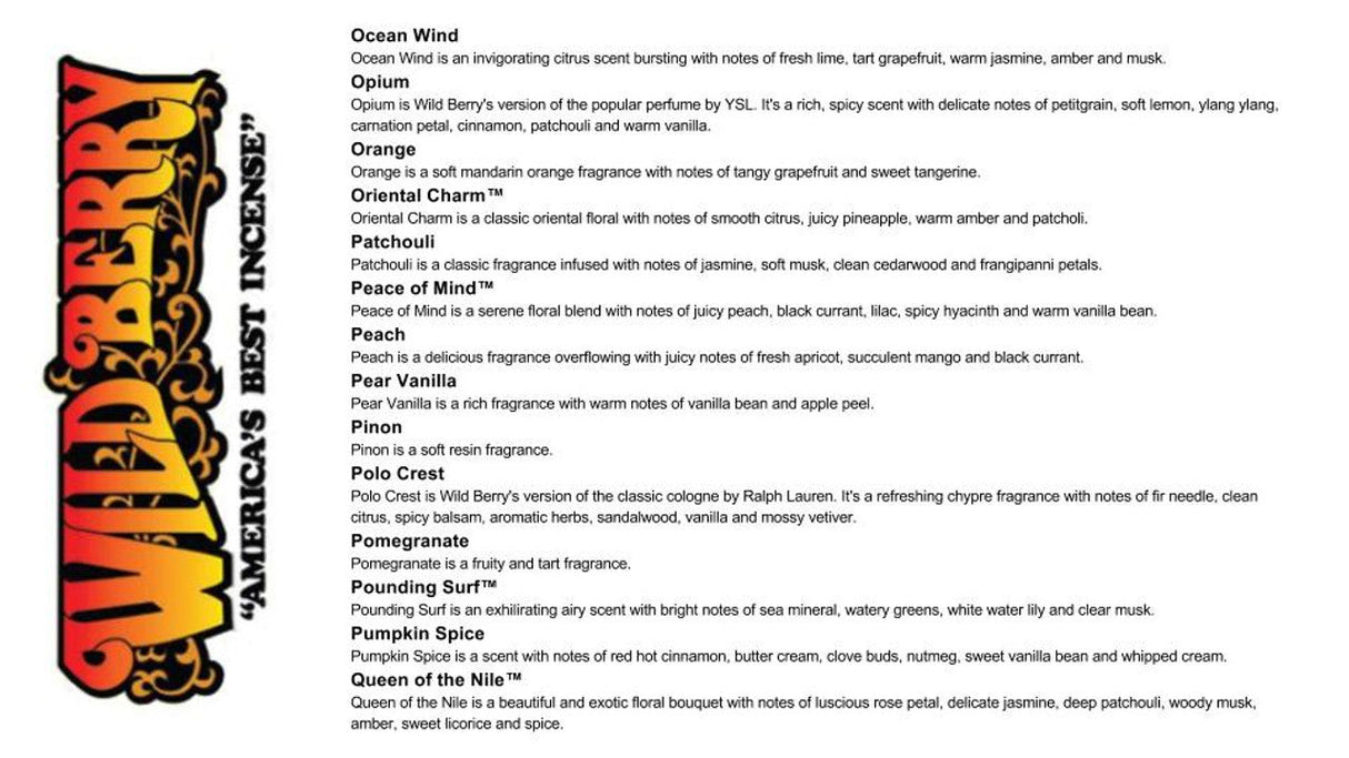 Wild Berry Incense Shorties bundle of 100 with assorted fragrances list, front view on white background