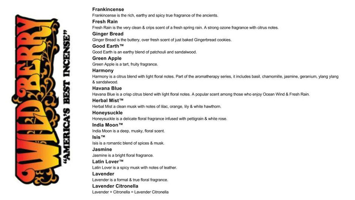 Assorted Wild Berry Incense Shorties Bundle front view with a variety of scents listed