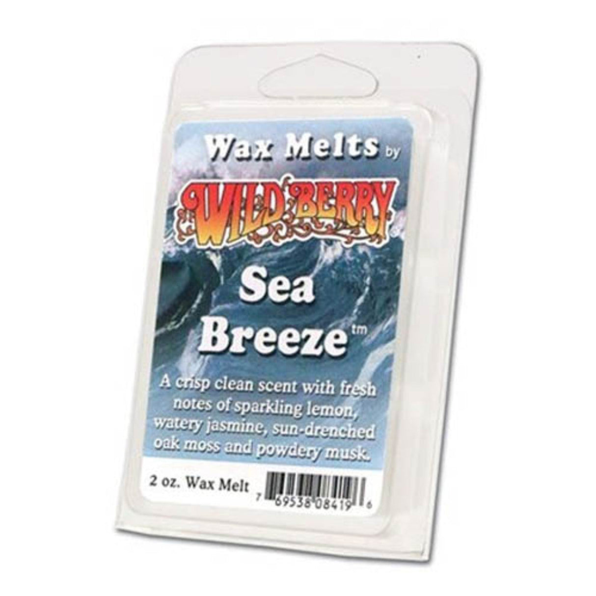 Wild Berry Sea Breeze Wax Melts 2oz pack front view on a white background, with scent description