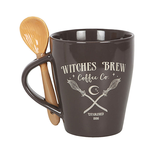 Witch's Brew Coffee Co black ceramic mug with spoon, 10oz, fun novelty design, side view