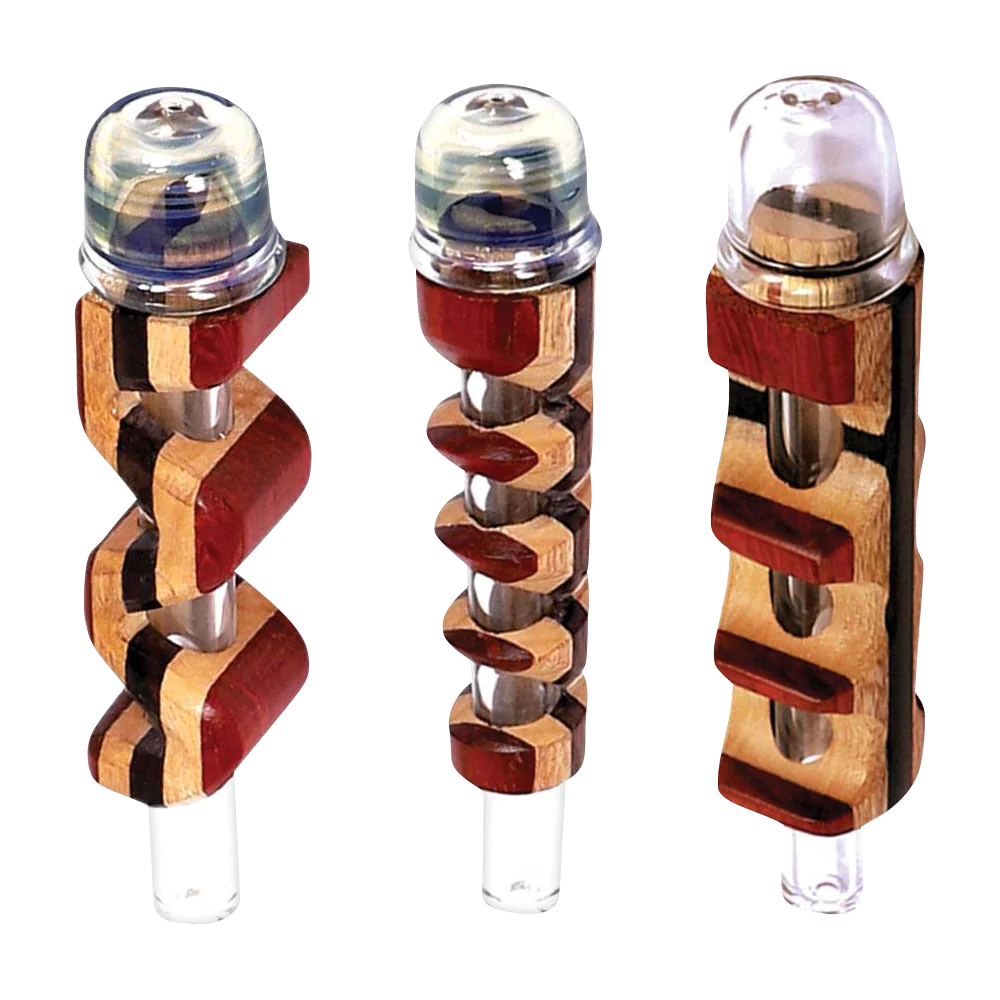 Assorted colors wood & glass threaded hybrid pipes, 5" height, for dry herbs - side view