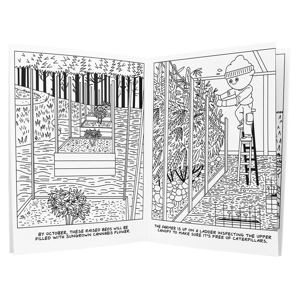 Wood Rocket Hemp Farm Coloring Book open to a farm scene, portable 8.5" x 11" size for easy travel