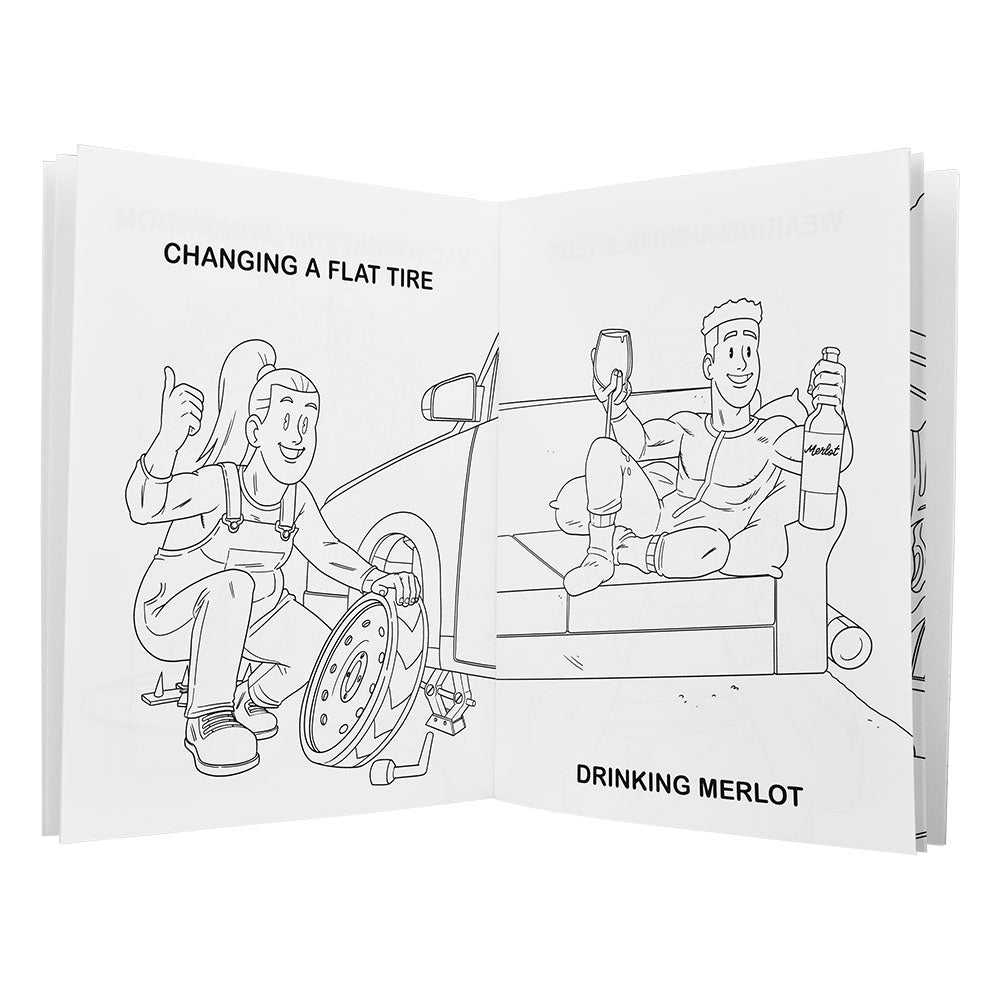 Open Wood Rocket Adult Coloring Book showing humorous illustrations, perfect for novelty gifts.