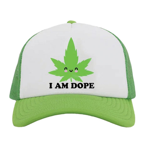 Wood Rocket I Am Dope Snapback Hat in green and white with fun leaf design, front view
