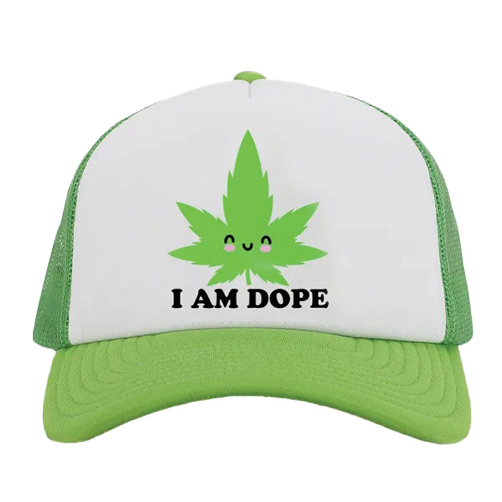 Wood Rocket I Am Dope Snapback Hat in green and white with fun leaf design, front view