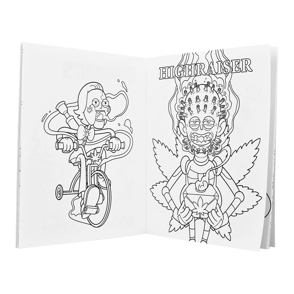 Open Wood Rocket Killer Buds Adult Coloring Book showing two fun, novelty illustrations.