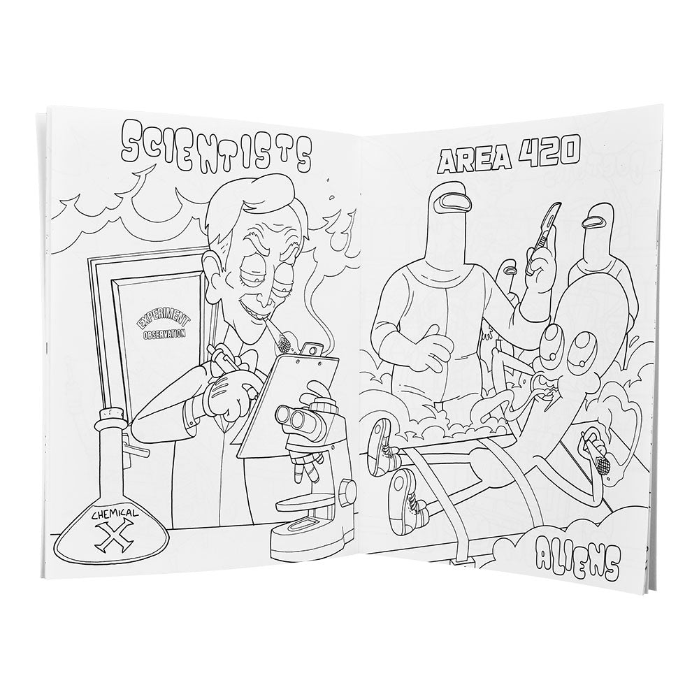 Wood Rocket Who Smokes Adult Coloring Book open to a fun novelty page, compact 8.5"x11" size for easy travel