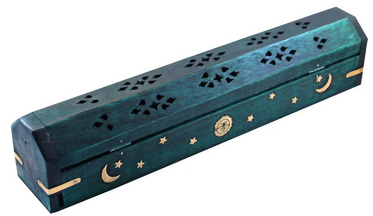 Green Wooden Coffin-Style Incense Burner with Carved Details - Side View