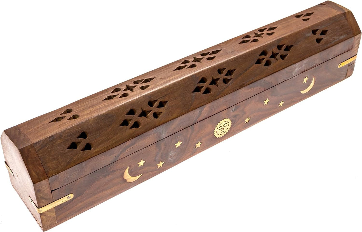 Wooden Coffin-Style Incense Burner with Celestial Carvings - Side View