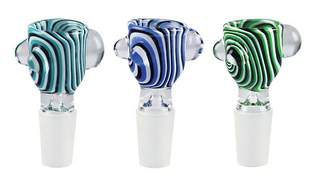 Worked Glass Bowl - Male, 14mm, front view, in various swirl patterns for dry herbs