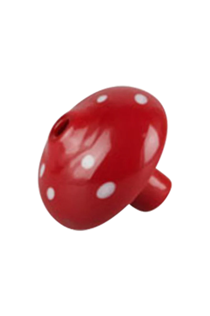 Red and white worked mushroom-shaped borosilicate glass carb cap for dab rigs, top view