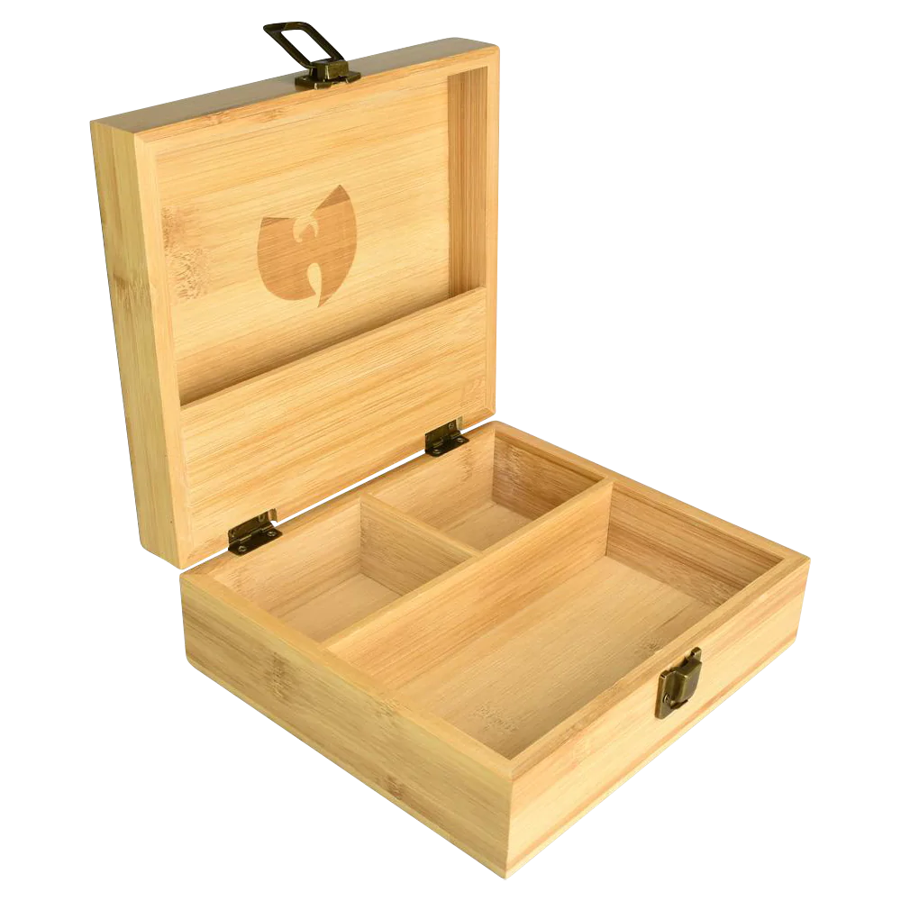 Wu Tang Bamboo Stash Box open view showing 3 compartments for dry herbs storage