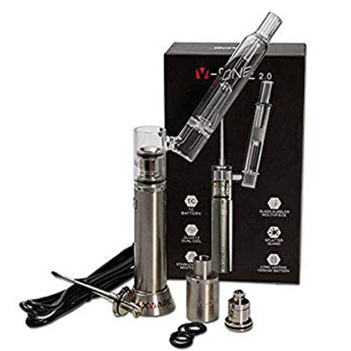XVape V-One 2.0 Kit displayed with pen and bubbler attachment, charger, and box