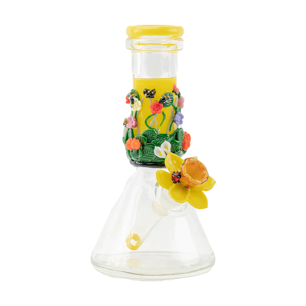 Empire Glassworks Sunshine Garden Beaker Water Pipe with colorful floral design, front view on white background