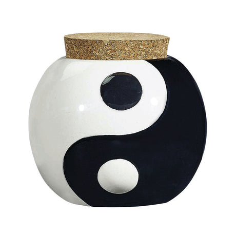 Yin Yang Ceramic Stash Jar with Cork Lid, 3.5" Height - Front View on White Background