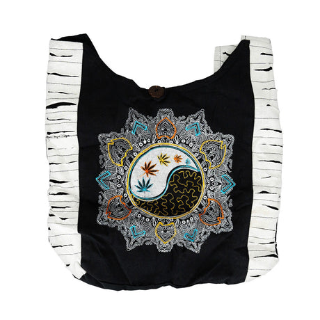 Black Hemp Yin Yang Mandala Sling Bag with Hemp Leaf Design, 15" x 15" Front View