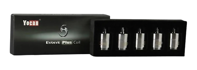 Yocan Evolve Plus 5-pack of ceramic donut coils, portable and easy for travel, front view on black background