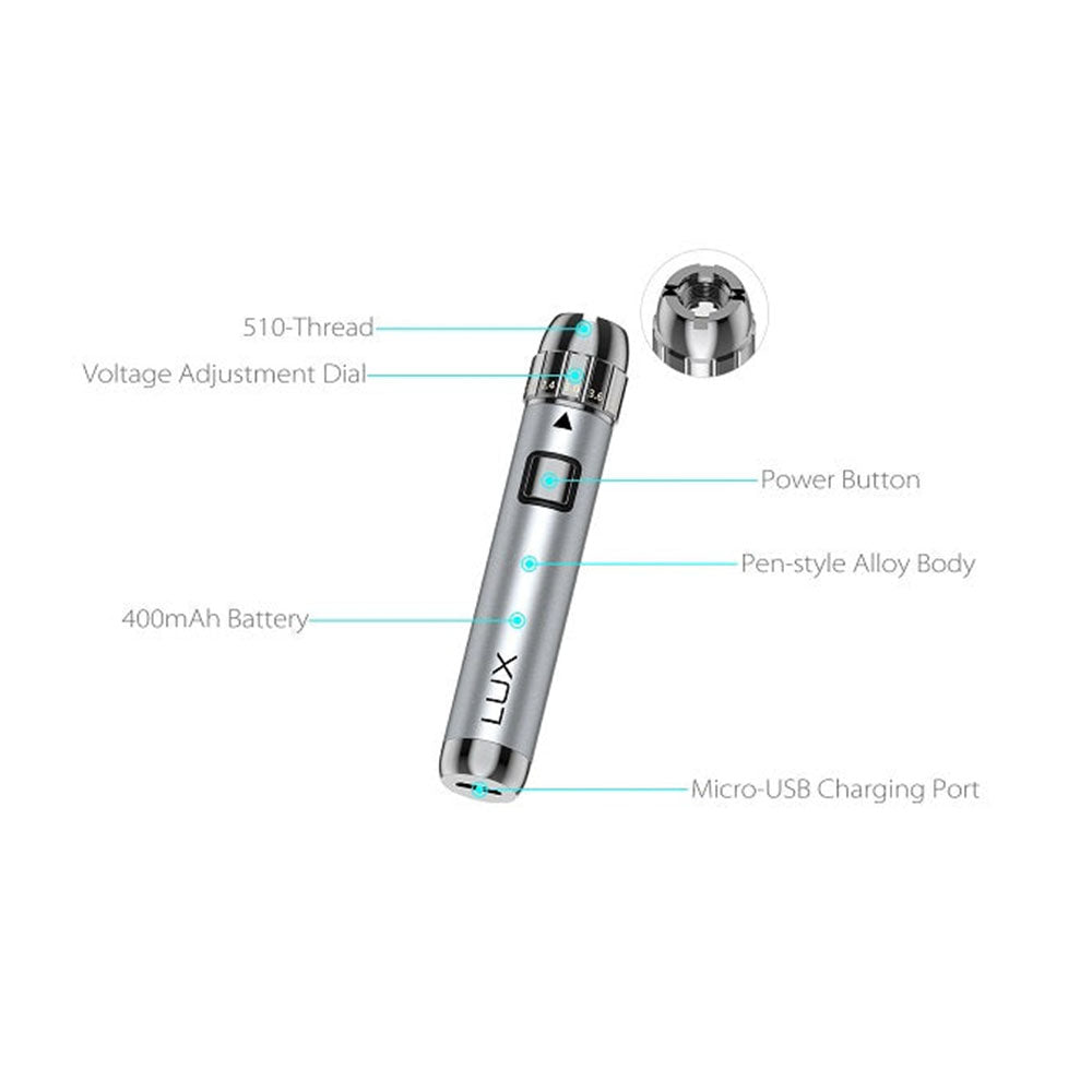 Yocan LUX 510 silver battery with voltage dial, power button, and USB port, front view on white background