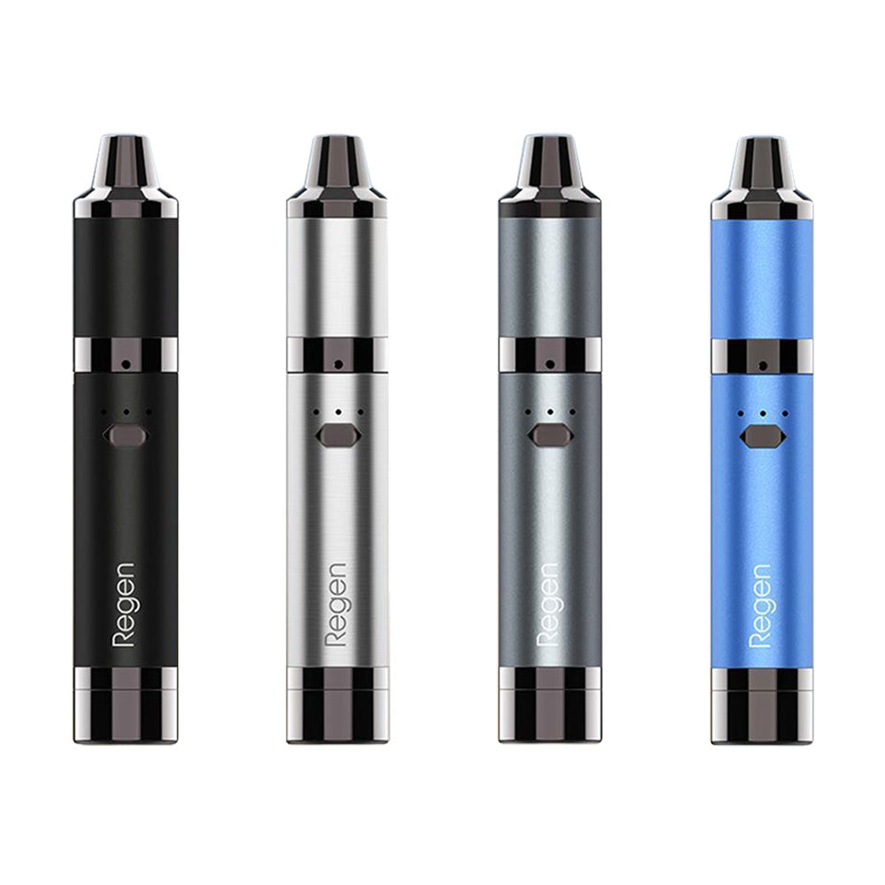 Yocan Regen wax pens in black, silver, and blue, 1100mAh battery, quartz coil, front view
