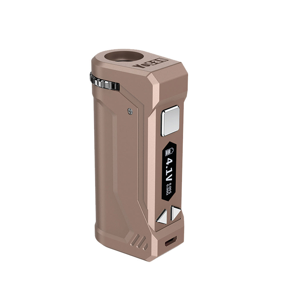 Yocan UNI Pro Universal Cartridge Box Mod in sleek blue, compact design with 650mAh battery, side view