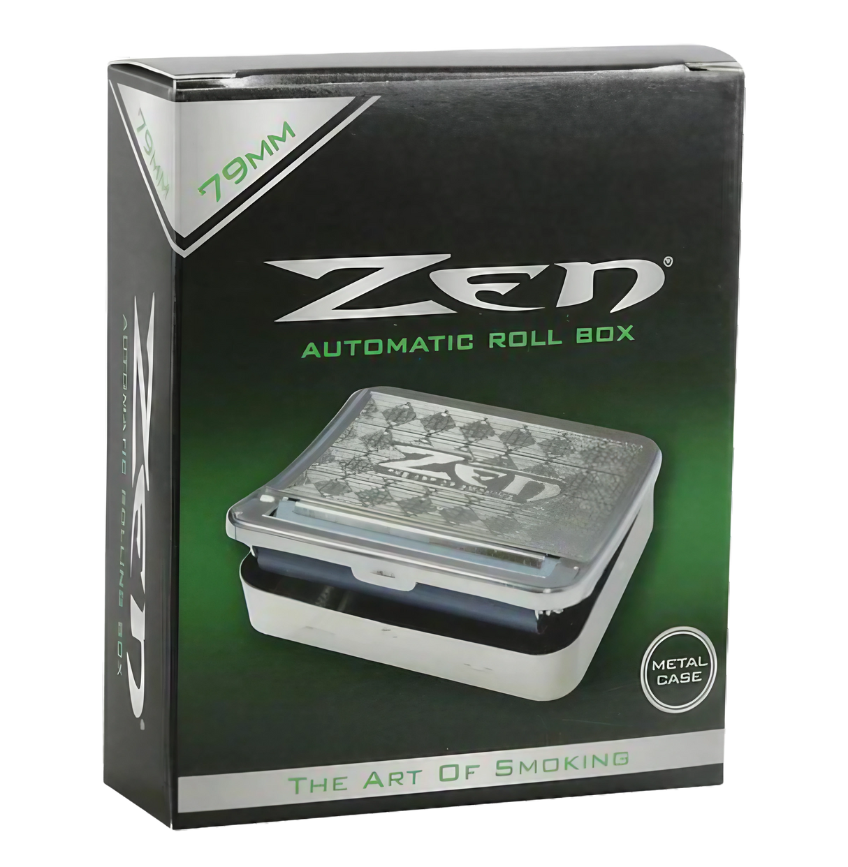 Zen Metal Auto-Roll Box for Dry Herbs, Portable Silver Rolling Machine, Front View on Packaging