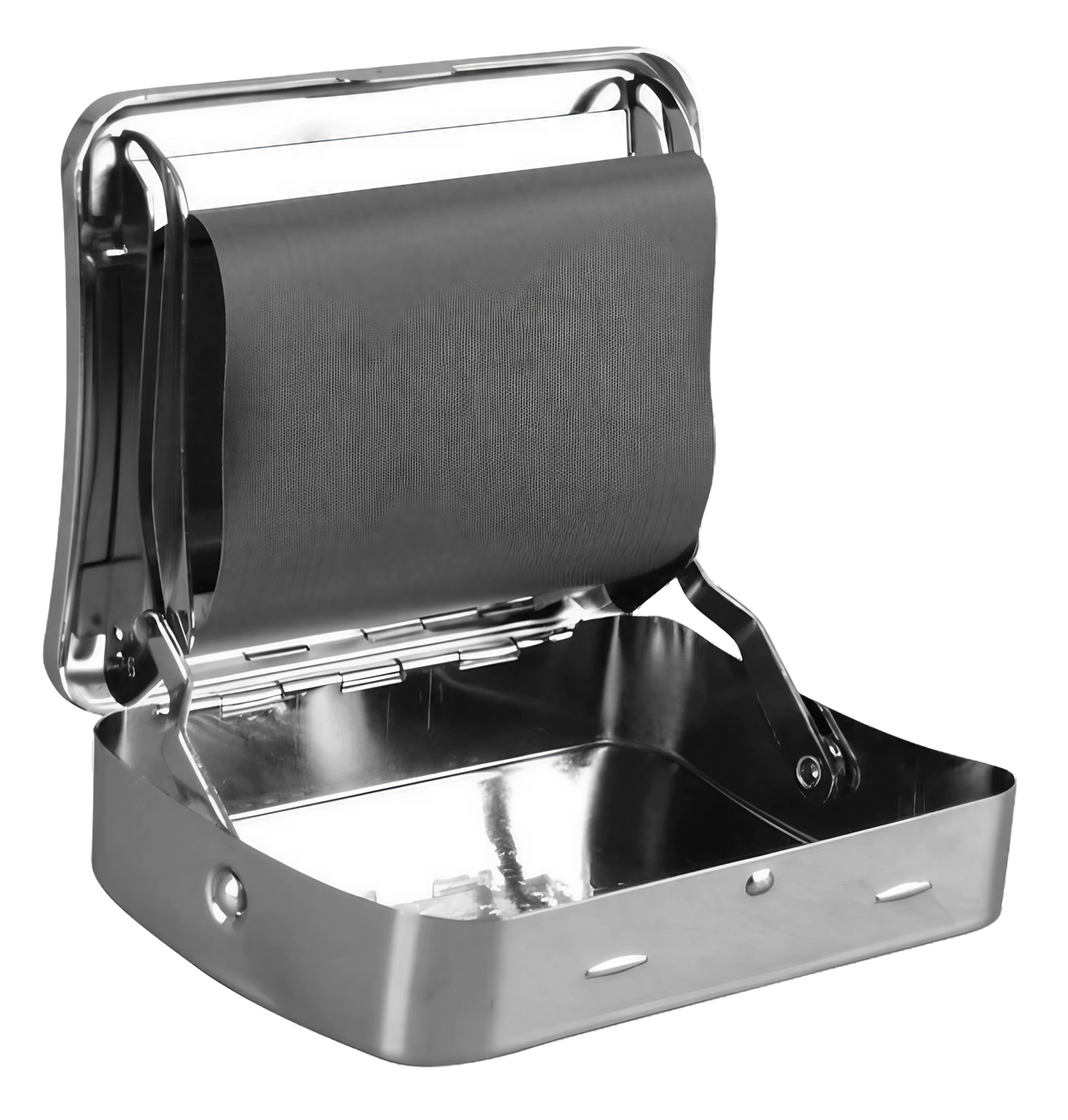 Zen Metal Auto-Roll Box open view, portable silver rolling machine for dry herbs
