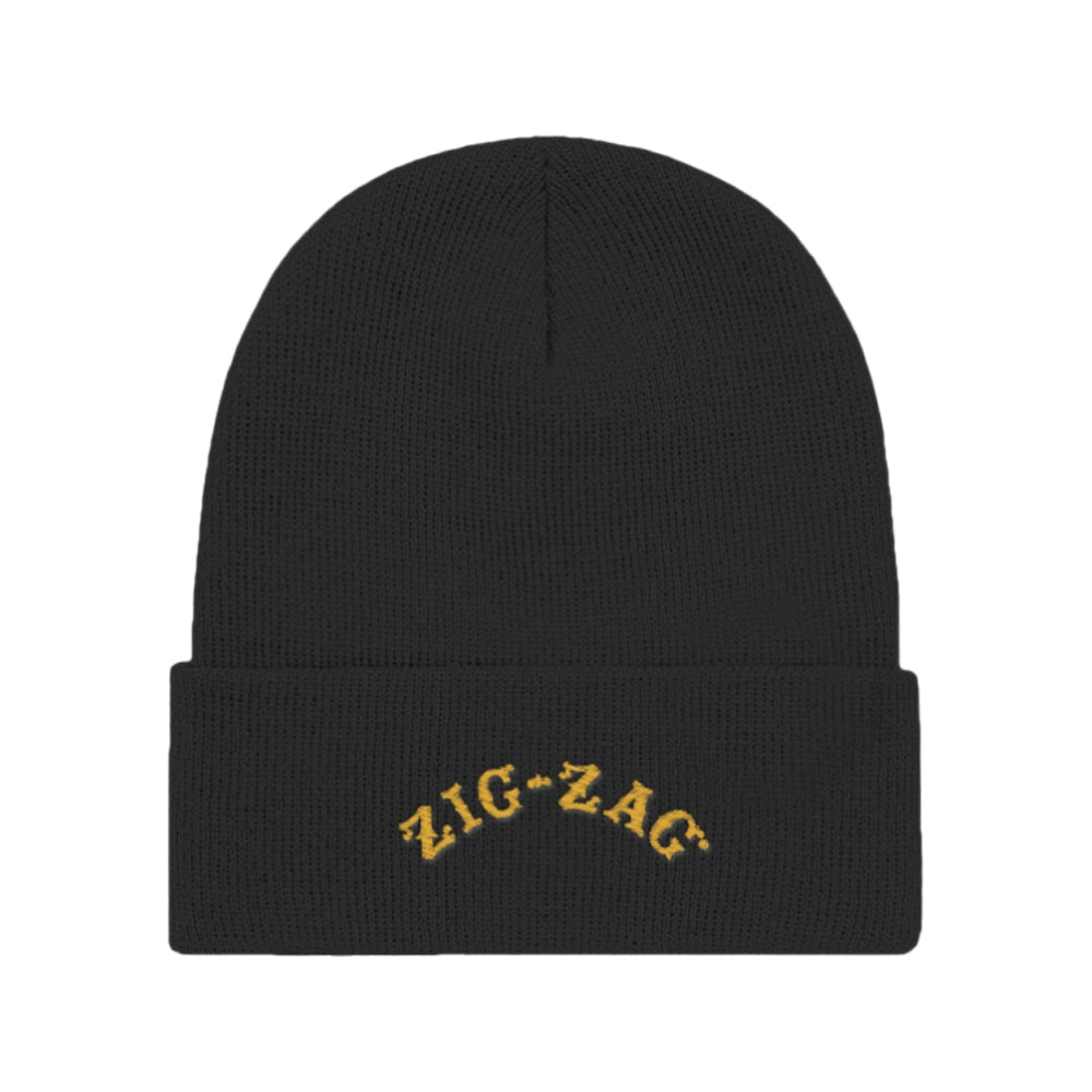Zig Zag Embroidered Logo Beanie Cap in Black with Orange Logo, Acrylic, Unisex One Size