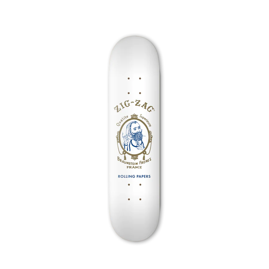 Zig Zag Logo White Skateboard Deck Top View, Classic Branding, Home Decor