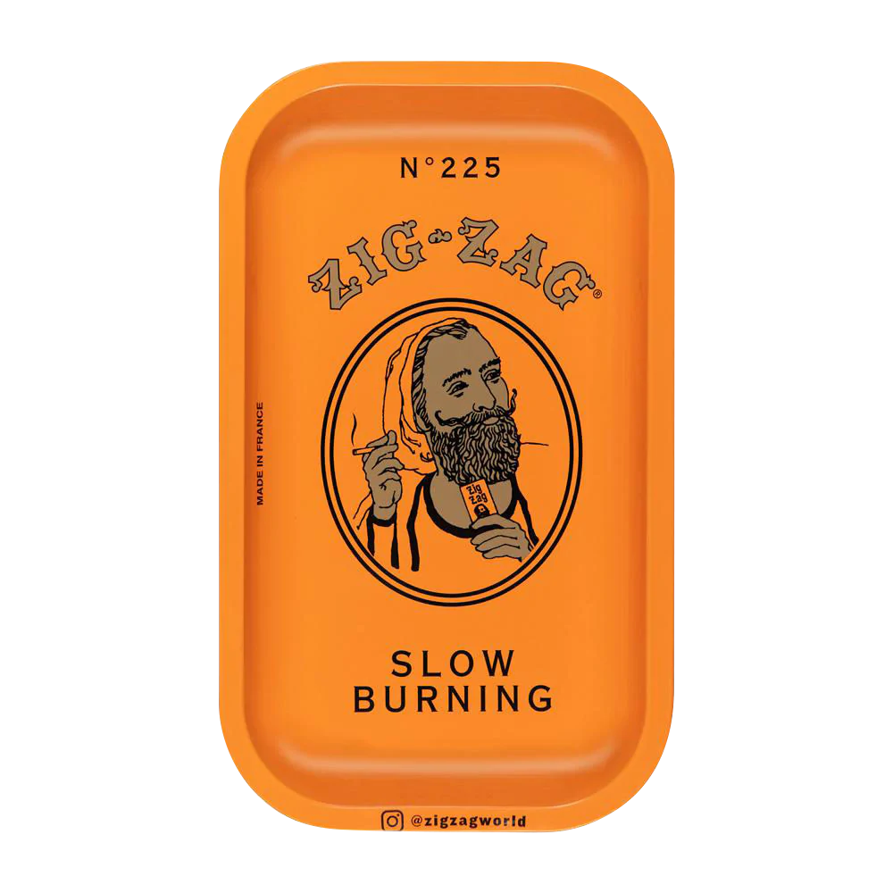 Zig Zag Small Metal Orange Rolling Tray with iconic logo, compact 10" x 6" size, top view