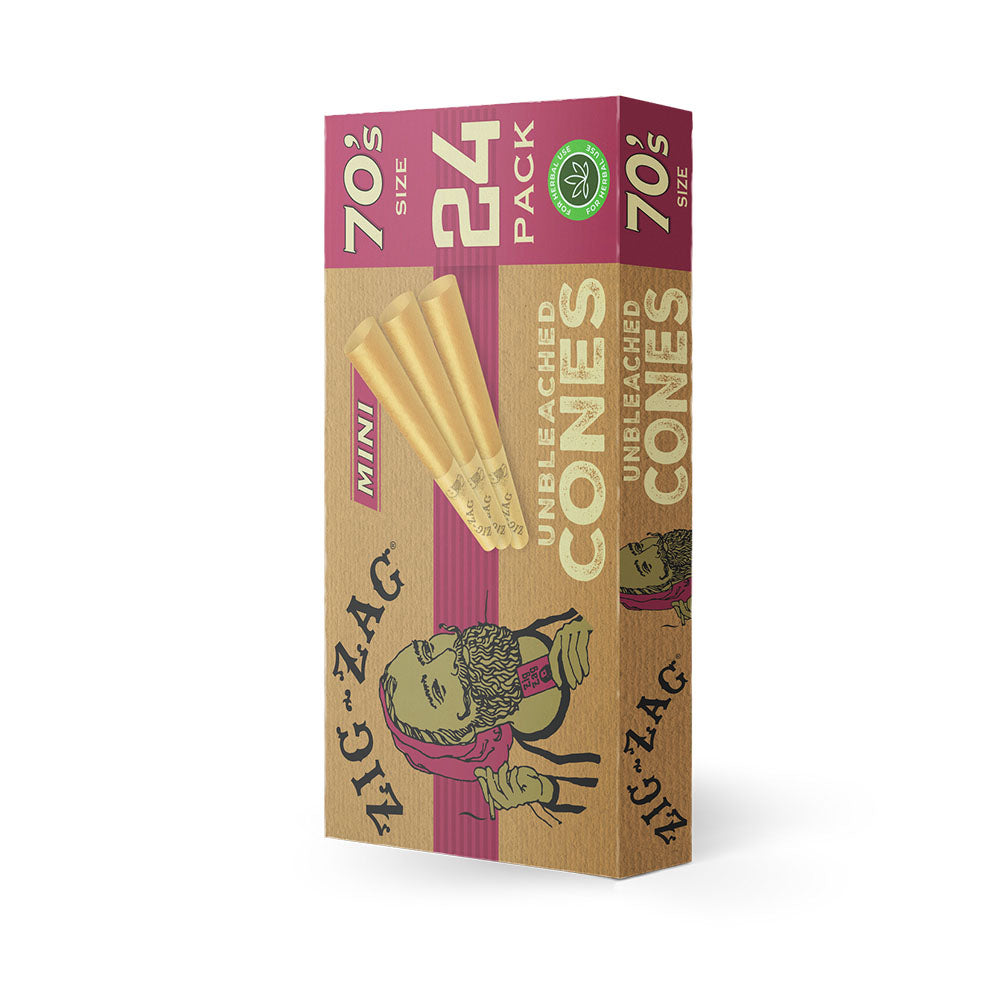 Zig Zag Unbleached Mini Cones 24pk displayed, 70mm pre-rolled, perfect for dry herbs, front view