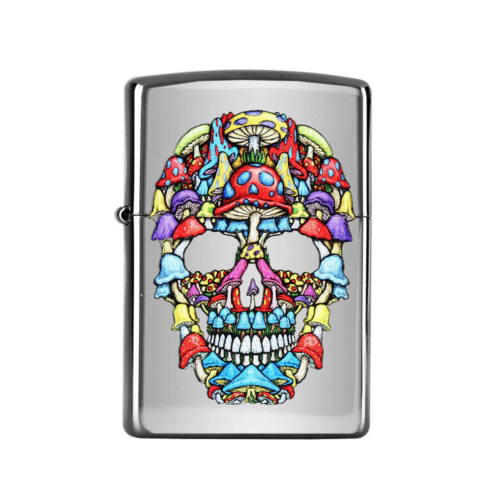 Zippo Lighter - Death to Self Shroom Skull Design, UV Reactive Steel, Front View