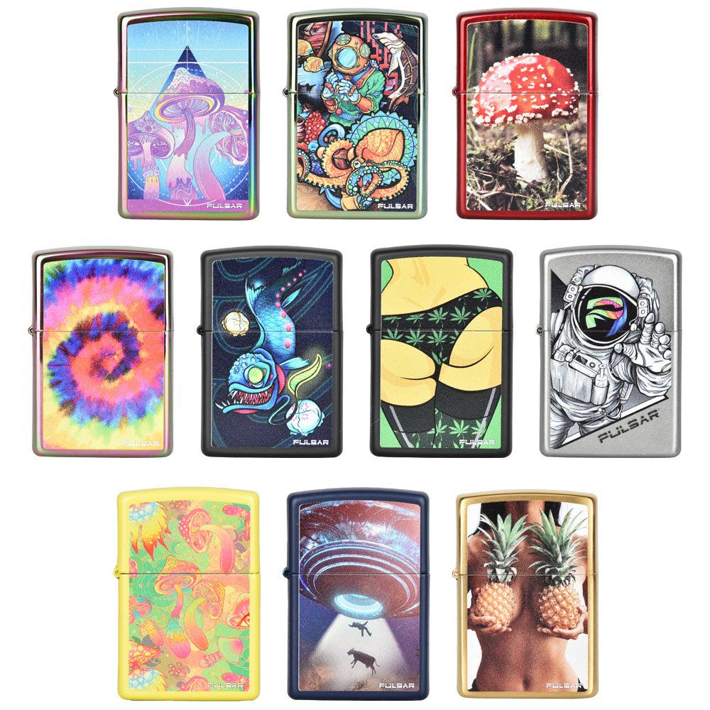 Pulsar Zippo Lighters with various classic designs, 10pc display box, ideal for collectors