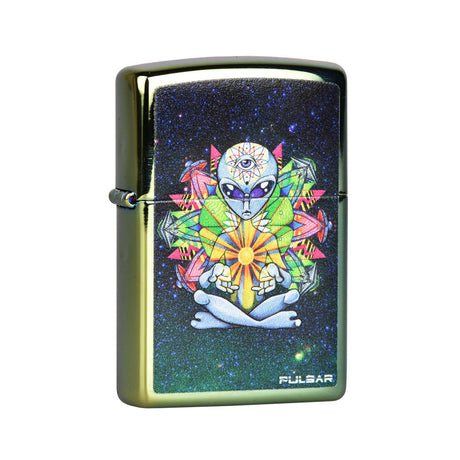 Zippo Lighter featuring Pulsar Psychedelic Alien design in High Polish Teal, compact and portable