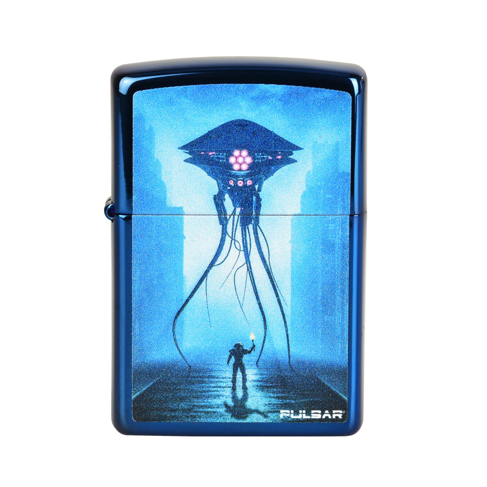 Zippo Sapphire Lighter featuring Pulsar Tripod Confrontation design, compact and portable