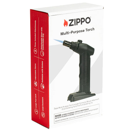 Zippo Multi-Purpose Torch Lighter in black, compact design, angled view with packaging