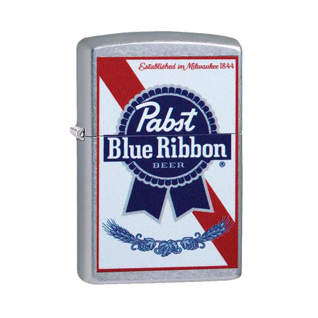 Zippo Pabst Blue Ribbon Lighter, Silver Steel, Portable Design, Front View