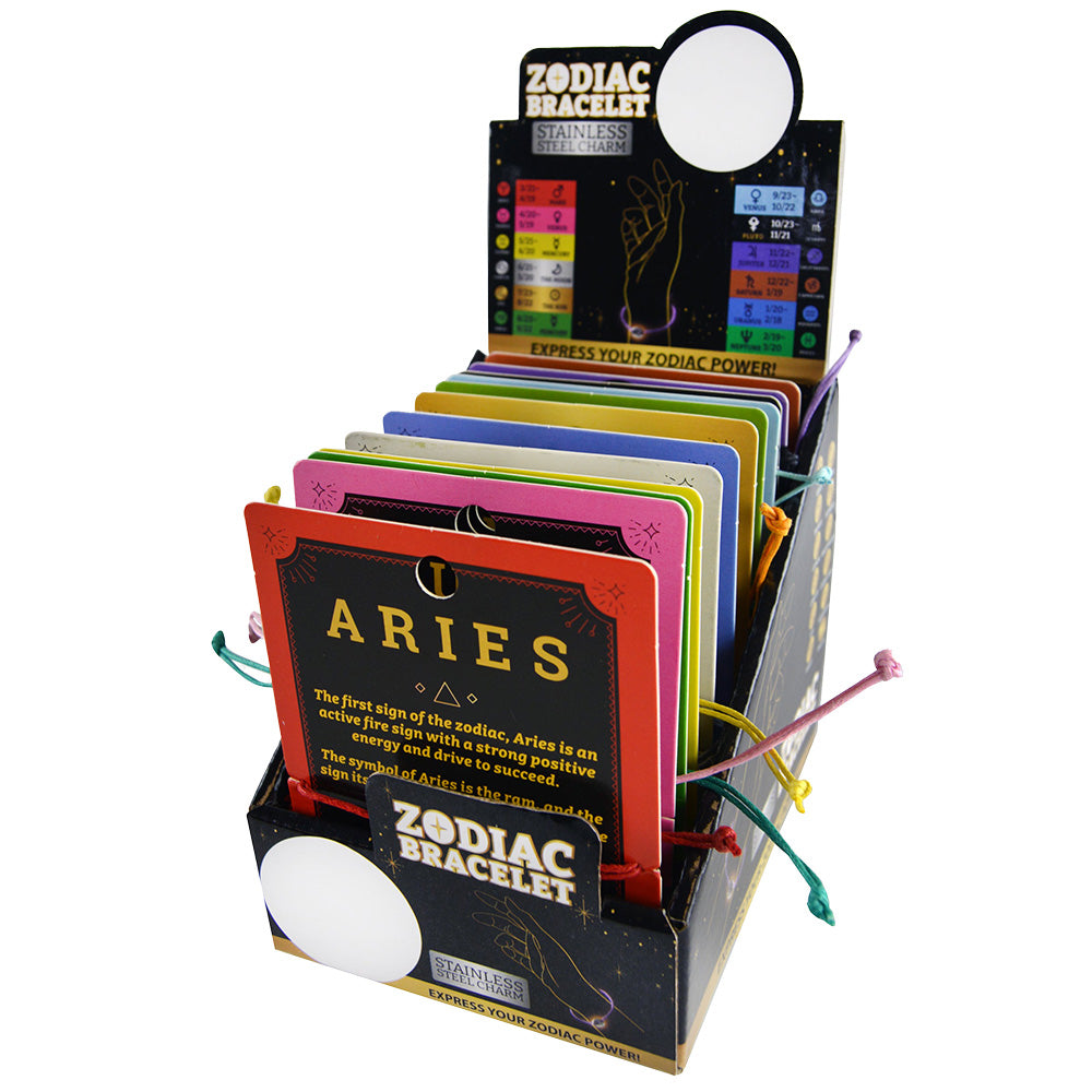 Display of 12 Zodiac Charm Bracelets made with natural hemp fiber, showcasing various astrological signs