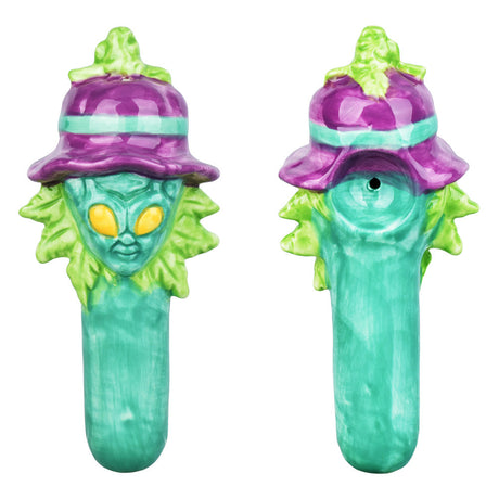 Zooted Alien Ceramic Spoon Pipe front and back view, 5.75", vibrant assorted colors