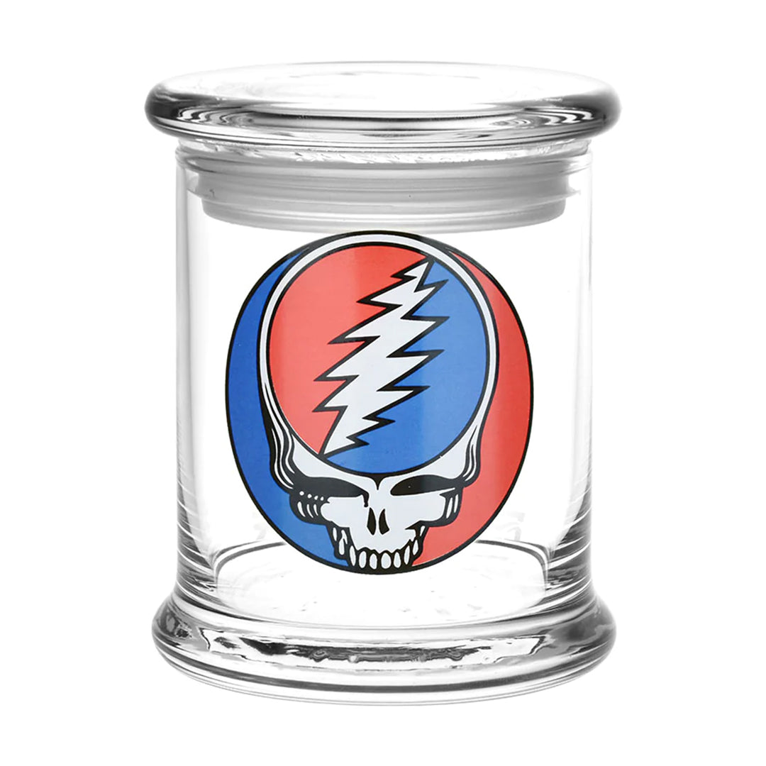 Grateful Dead x Pulsar Pop Top Jar with Steal Your Face logo, secure storage for herbs