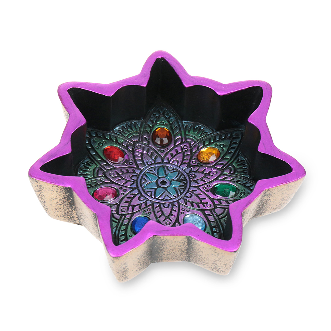 Fantasy Hand-Painted Chakra Resin Ashtray with Colorful Stones Top View