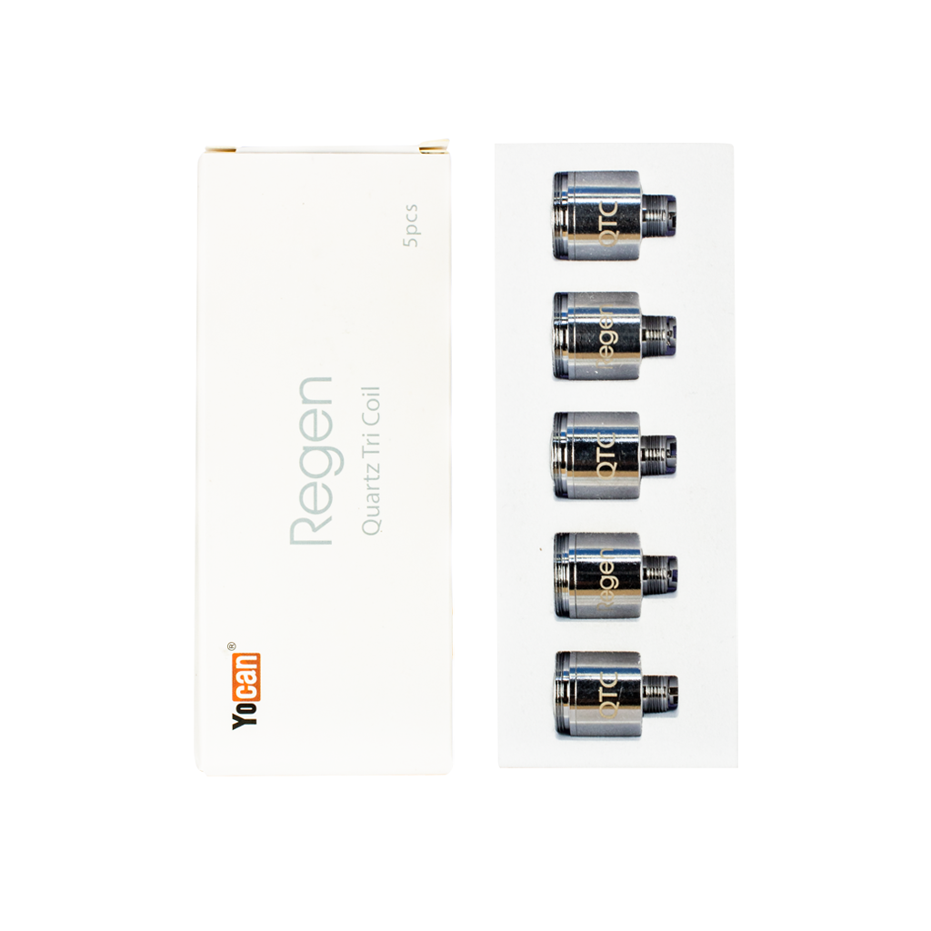 Yocan Regen Quartz Triple Coils pack displayed next to box on white background