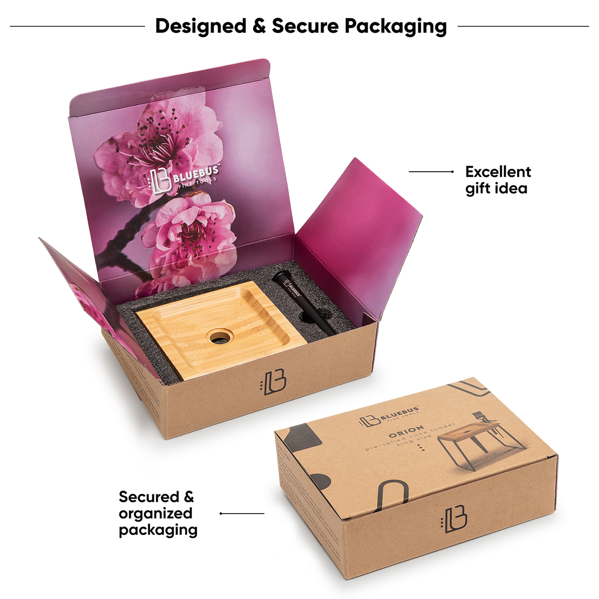 ORION Cone Loader by Blue Bus in secure packaging, ideal for compact storage and dry herbs