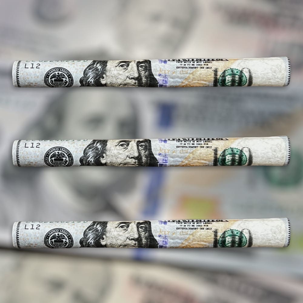 CaliGreenGold Benny $100 Hemp Blunt Rolls with Filters, 25-pack, angled on currency backdrop