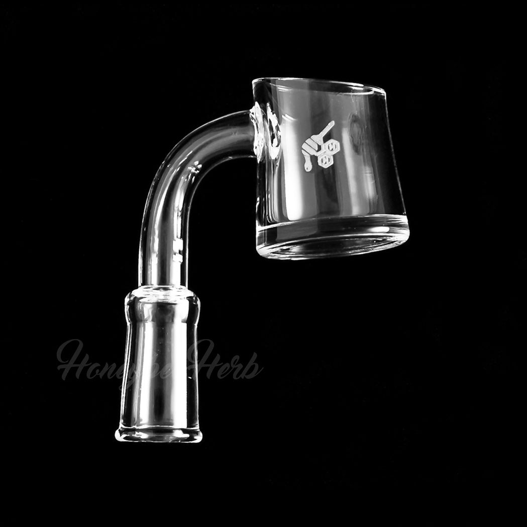 Honeybee Herb Fat Bottom Quartz Banger at 90Β° angle, clear, for dab rigs, side view on black
