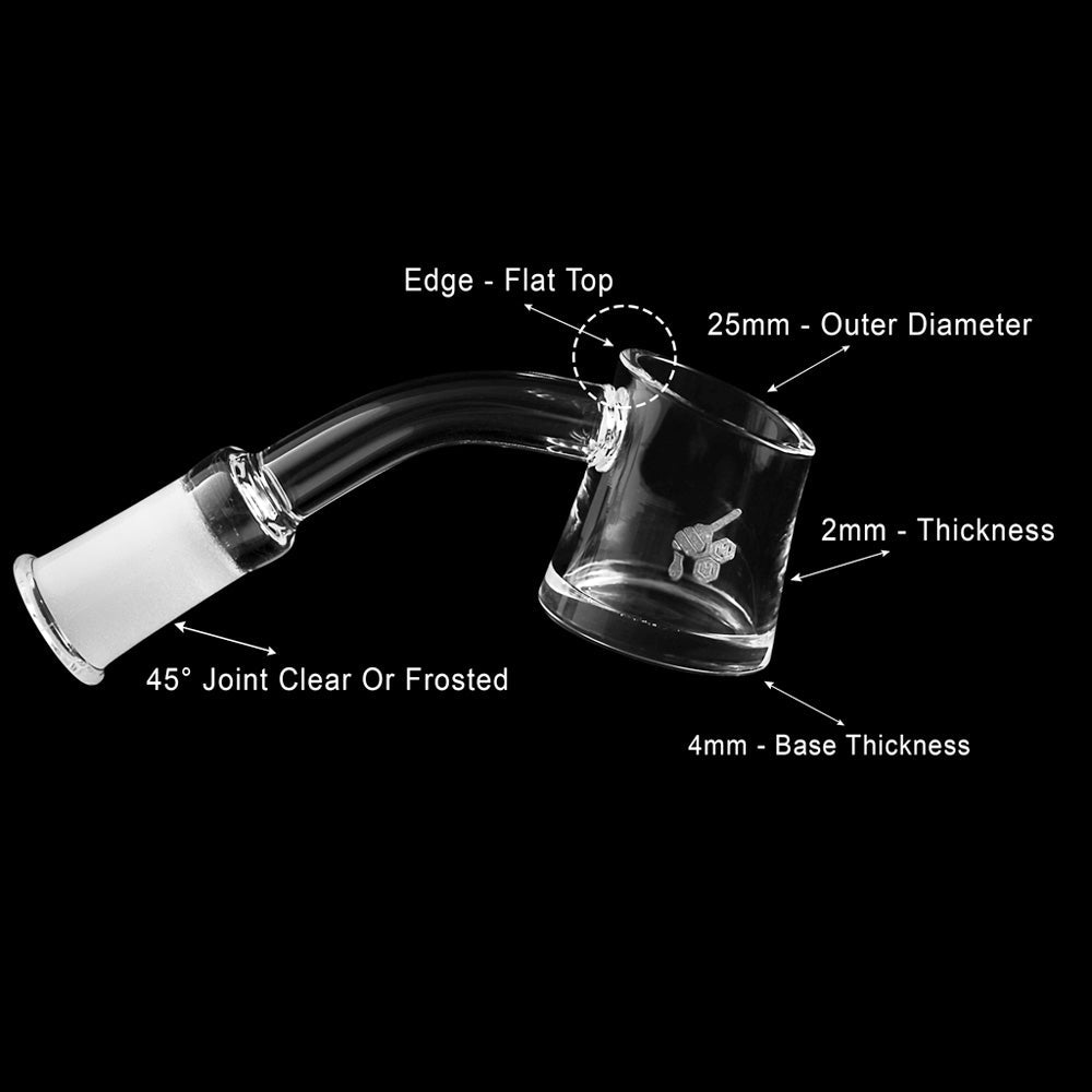 HoneybeeHerb FAT BOTTOM QUARTZ BANGER at 45Β° angle with detailed dimensions on black background