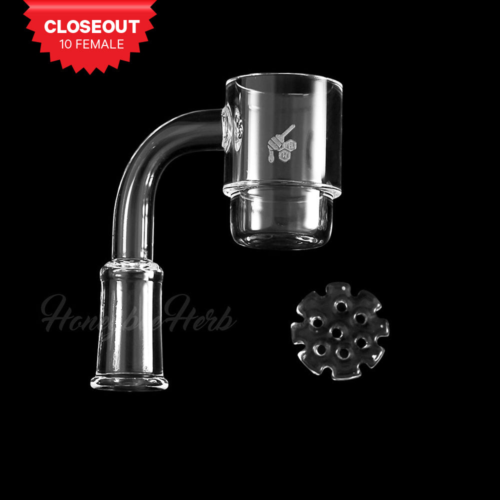Honeybee Herb Quartz Banger with Honey Disc, 90° Angle, 10mm Female Joint on Black Background