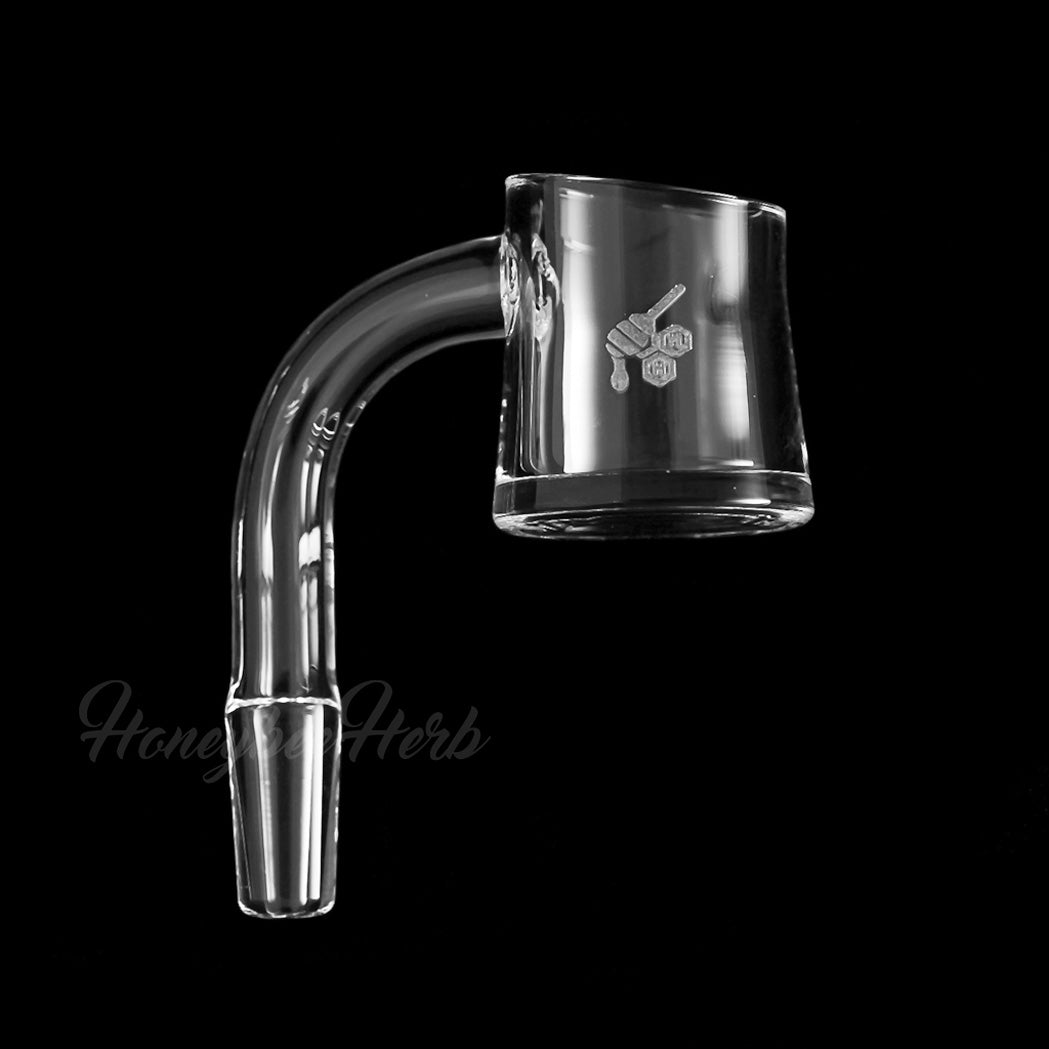 Honeybee Herb Fat Bottom Quartz Banger, 90Β° Degree, 10mm Male Joint, Side View on Black