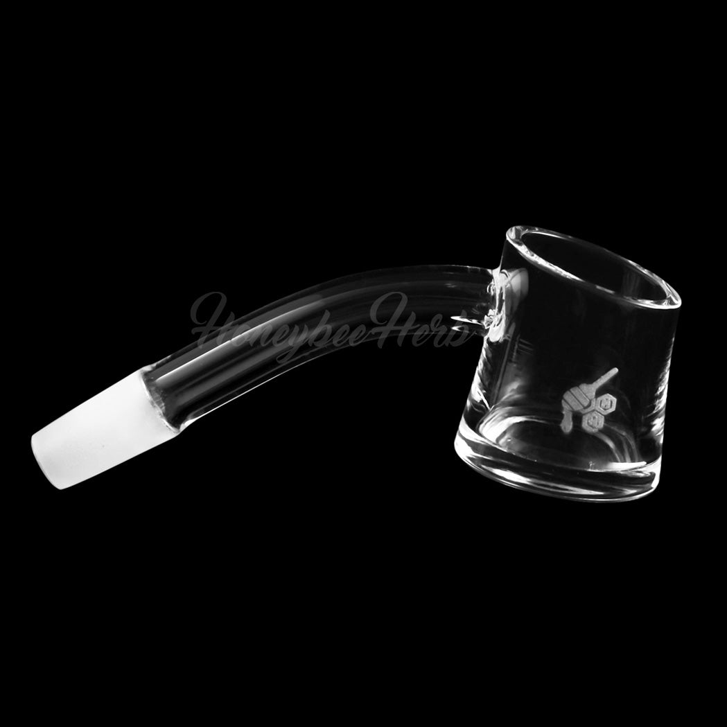 HoneybeeHerb FAT BOTTOM QUARTZ BANGER at 45Β° angle, clear with logo, durable for daily use