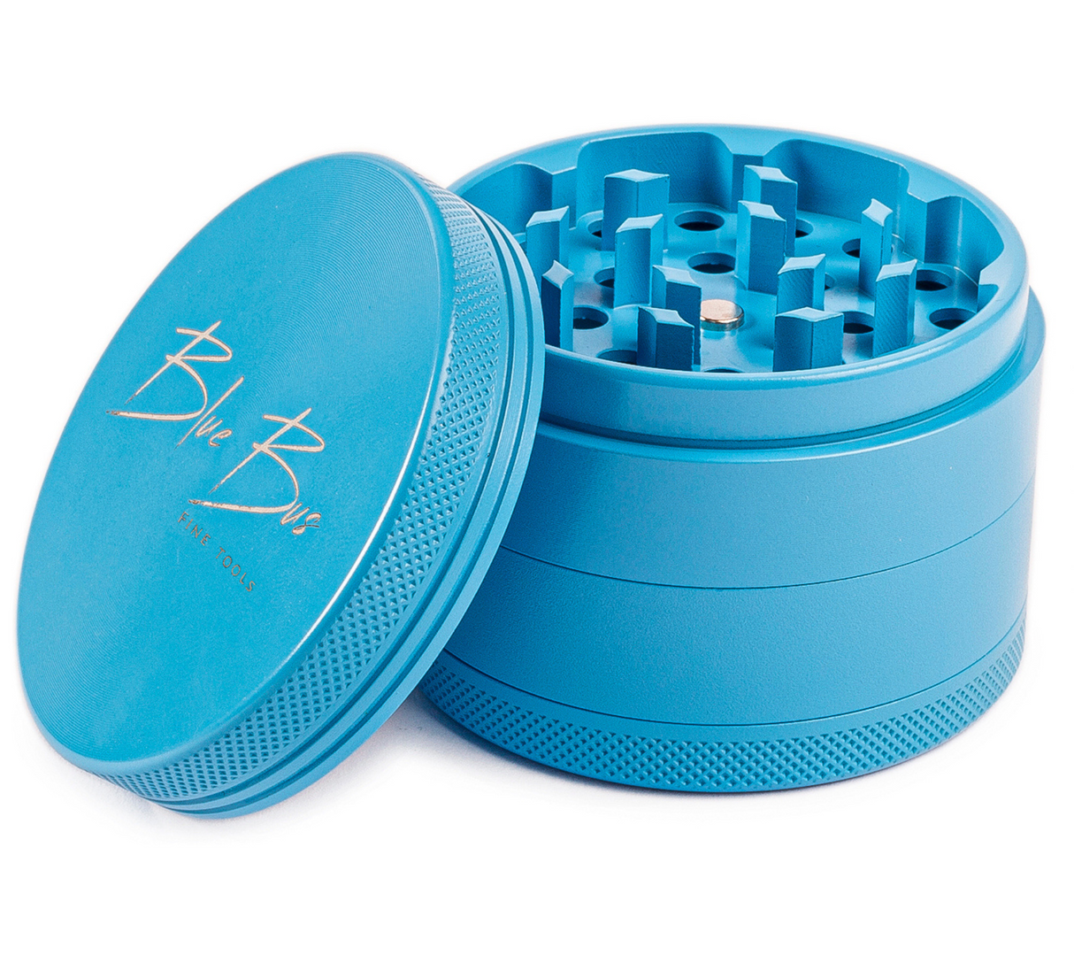 Z1 2.5" Ceramic Grinder in MidBlue by Blue Bus Fine Tools, 4-part design with textured grip